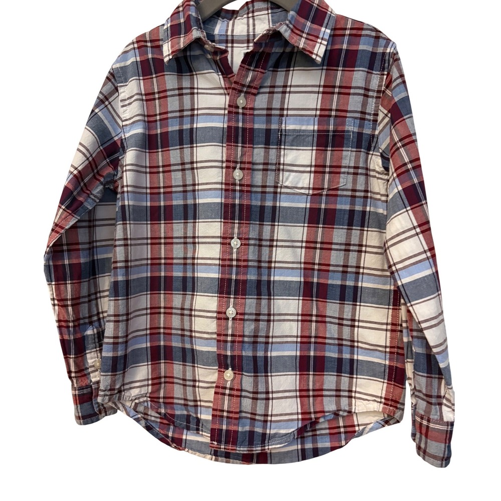 Janie and Jack Boys Plaid Button Down Shirt Burgundy Blue White Size 5 100026416